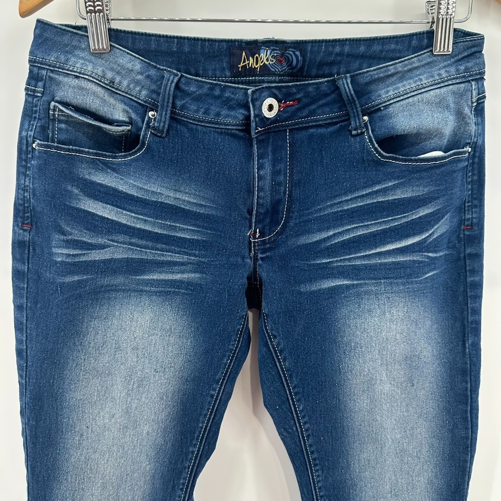 Angels Capri Jeans Womens 13 Blue Denim Whisker Stretch Cuffed Hem Low Rise Y2K